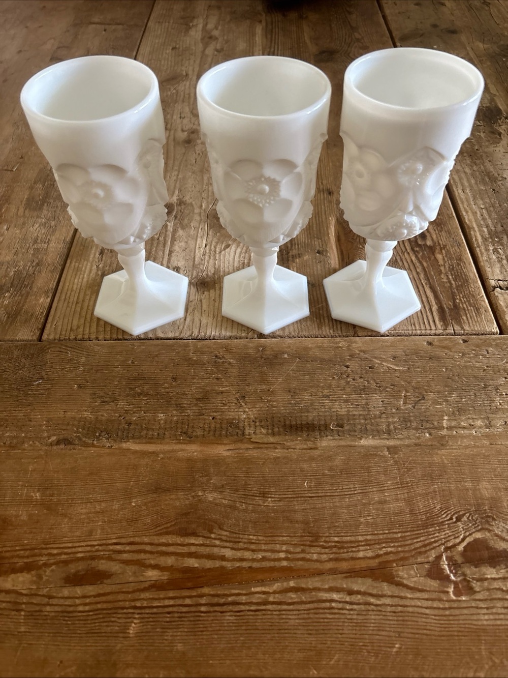 Rare Lot (3) MCM Westmoreland Milk Glass Goblets Hexagon Base